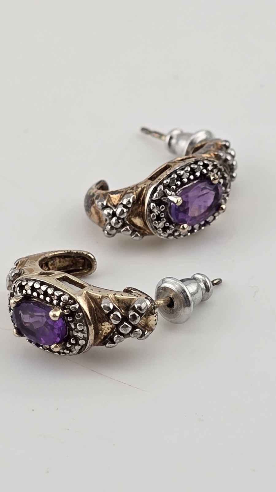 Vintage Brass-Plated 925 Silver Half Hoop Earrings with Amethyst
