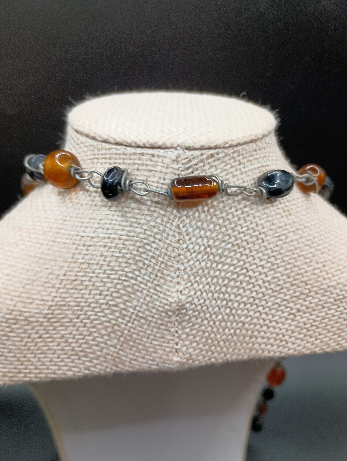 Antique Czech Glass Beaded Necklace Golden Brown Wire Wrapped Hand Made 30″