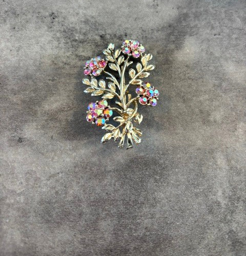 Vintage Floral Flower Branch Brooch Pin Silver tone With Pink Rhinestones