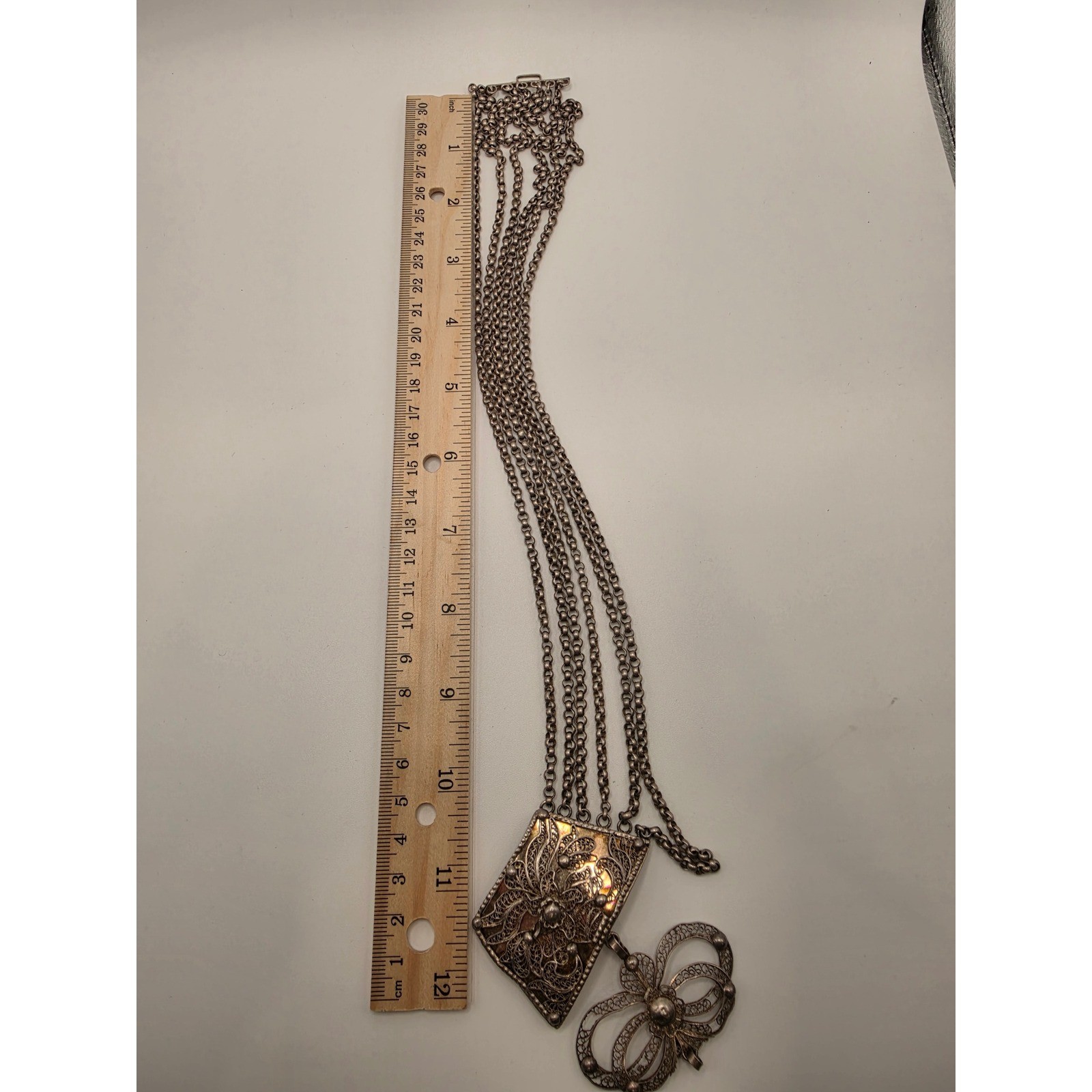 Vintage Silver Filigree Multi Strand Necklace 5 Chain Statement Piece 800 Silver