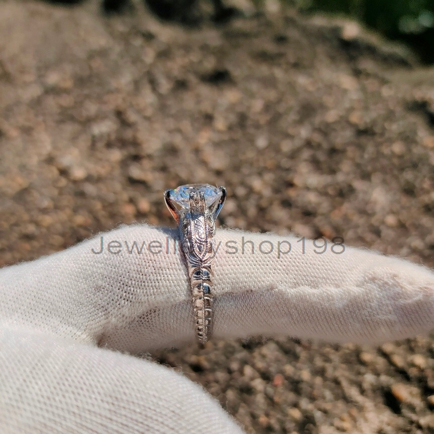 Antique 2Ct White Round CZ Art Deco Engagement Ring Solid 925 Sterling Silver