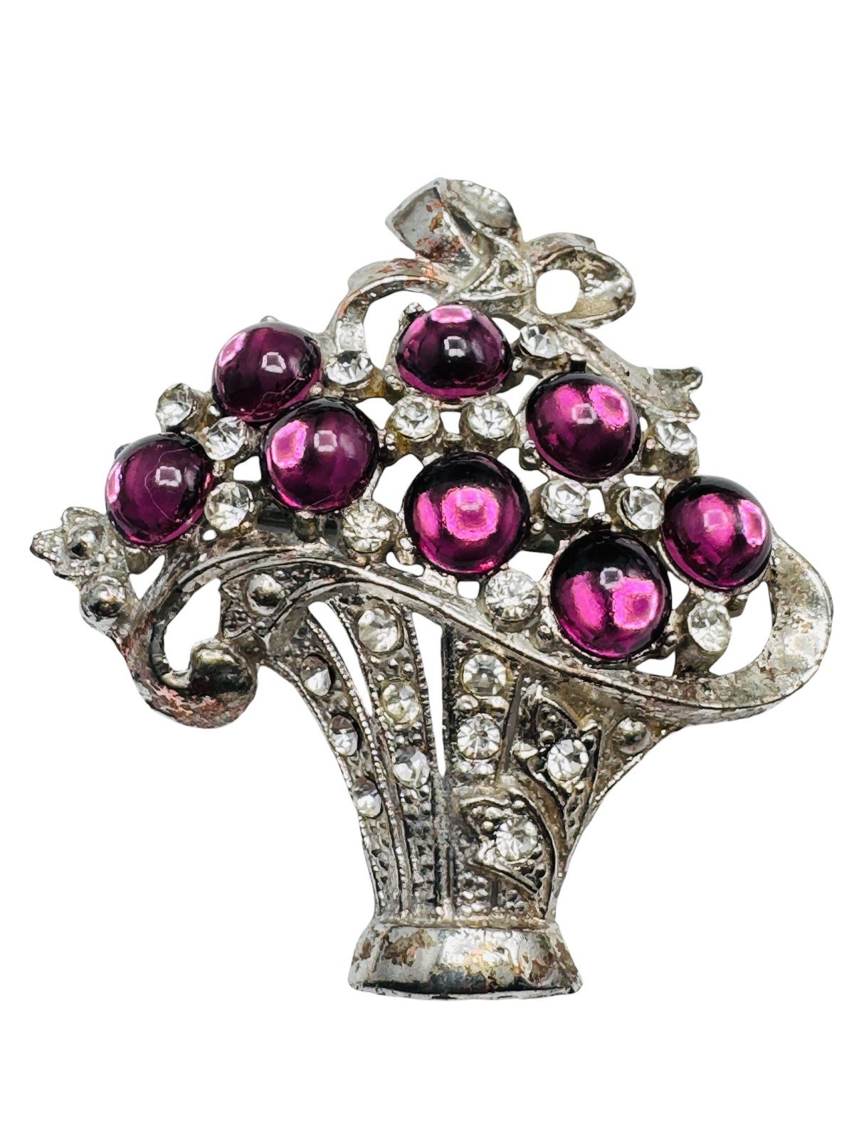 Vintage Coro? Purple Glass Cabochon Rhinestone Flower Basket Brooch c1940s
