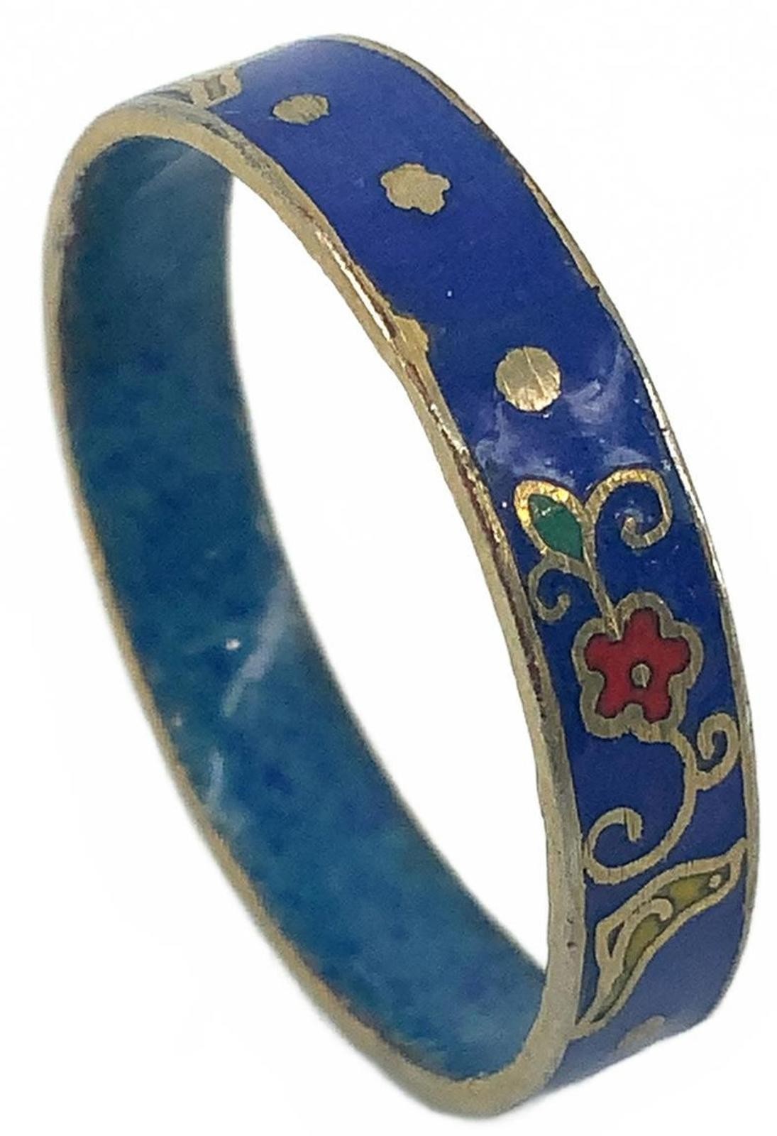 Vintage Cloisonne Enamel Boho Floral Band Ring Blue Gold Tone Size 7.5 Stackable