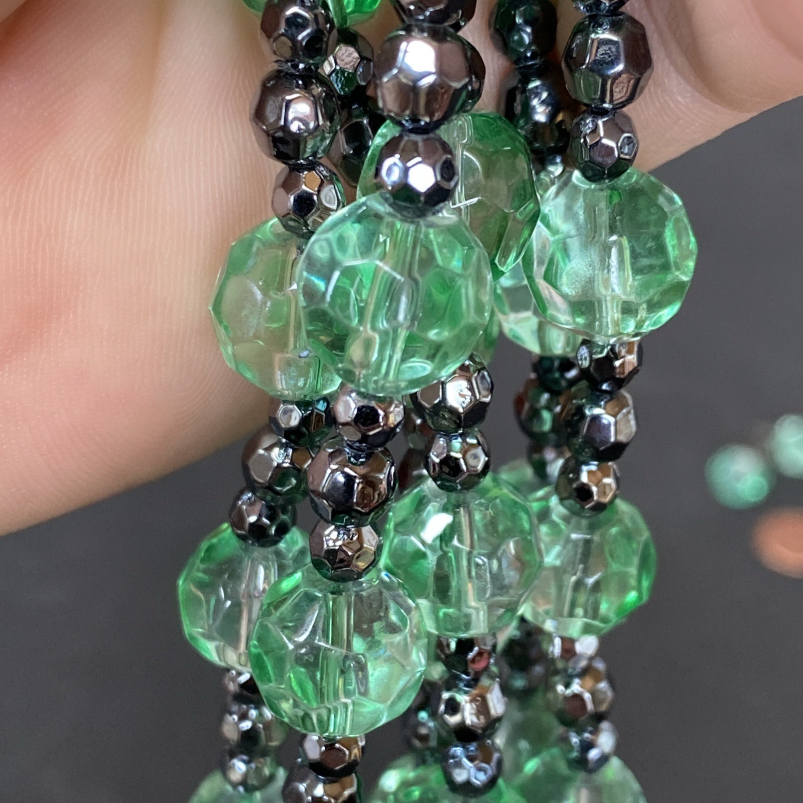 Vintage Green Glass Faceted 3 Strand Necklace w/ Matching Pair Drop Earrings Set