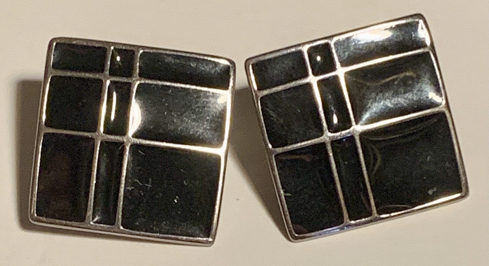 Black & Silver Enamel Retro Geometric Clip-On Earrings Square Vintage