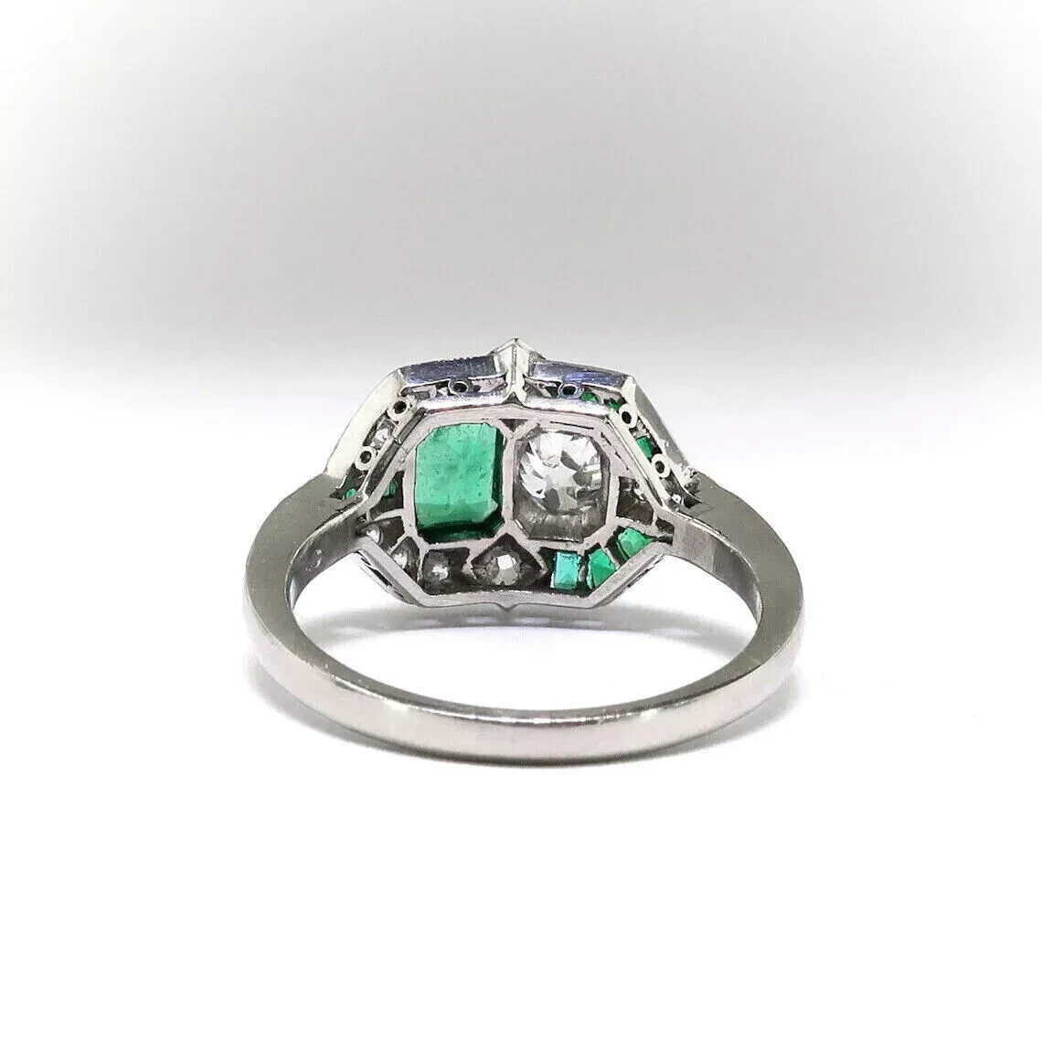Art Deco Style 4.2Ct Green Lab Created Emerald Engagement 14K White Gold FN Ring