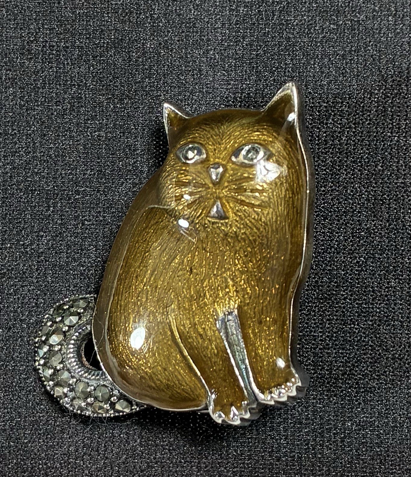 Vintage Sterling Silver Marcasite & Golden Brown Enamel Cat Brooch Pin 925