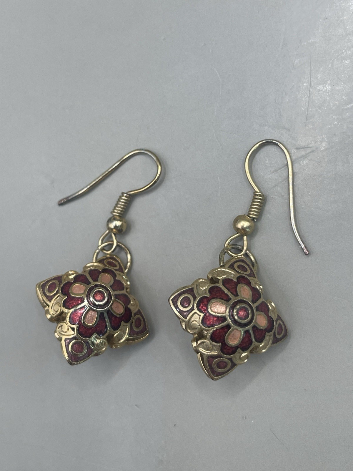 Vintage Cloisonné GoldTone Multicolor Floral Enamel Dangle Hook 1.4” Earrings