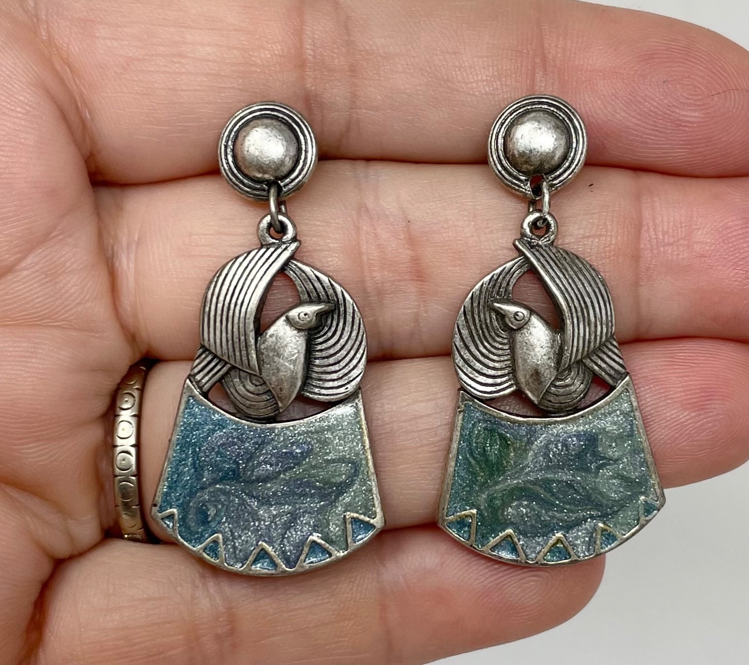 Vintage Edgar Berebi Blue Enamel Bird Dove Silver Tone Dangle Pierced Earrings