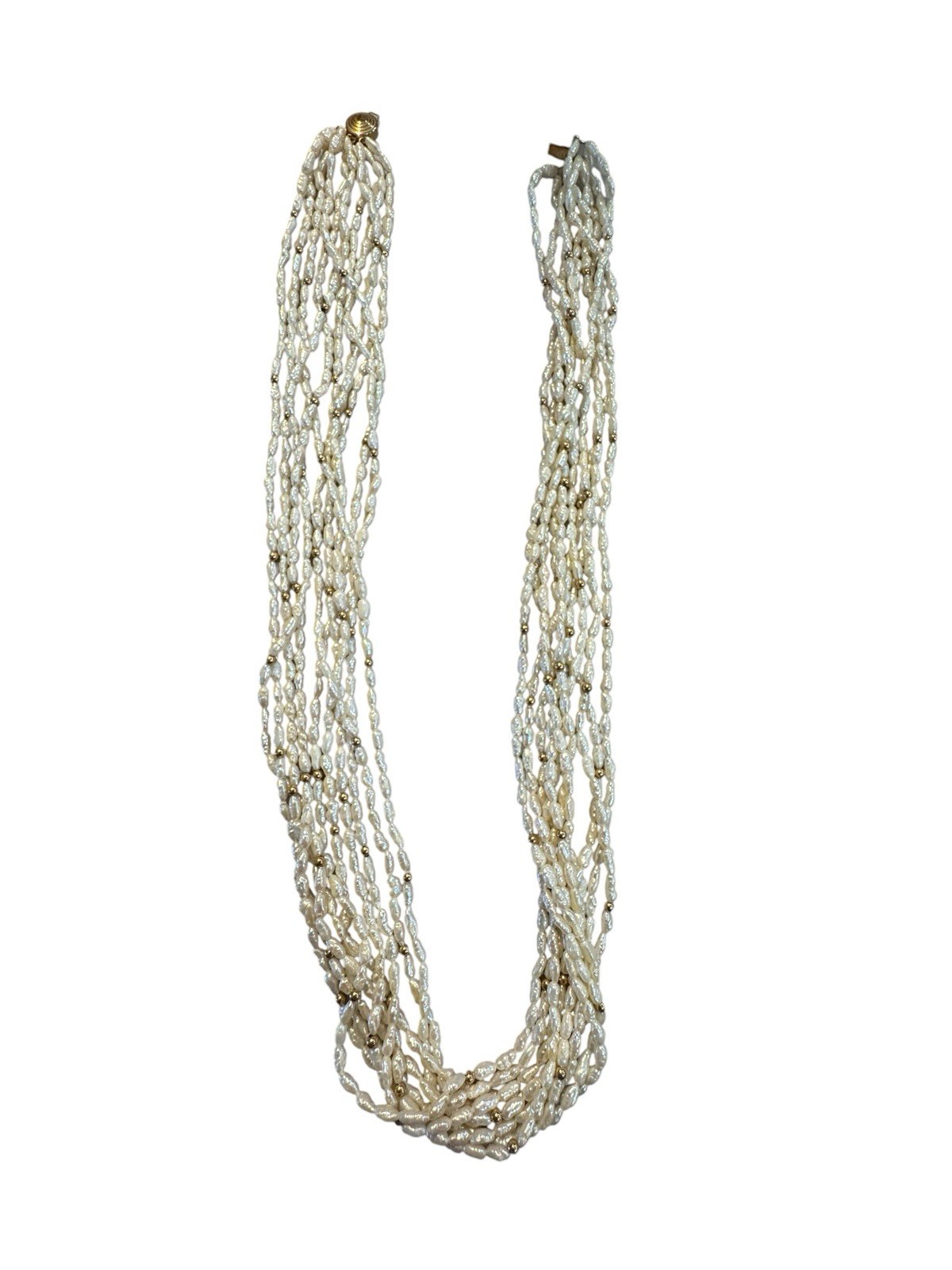 24” Multi-strand Freshwater Pearl 14k Gold Clasp Necklace Gold Beads 10 Strands