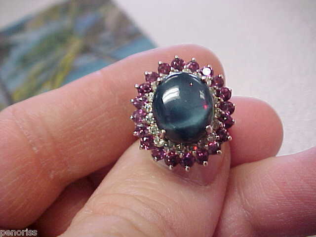 BLUE STAR SAPPHIRE,DIAMOND & AMETHYST RING WHITE GOLD SIZE 5.5 MAKE OFFER