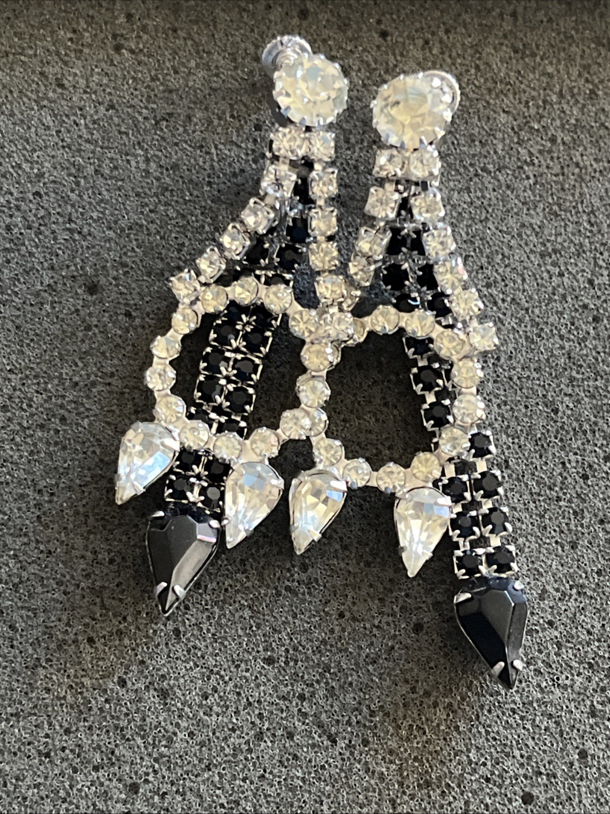 Vintage Signed HOBE Dangle Clear & Black Rhinestone Earrings Costume Jewelry