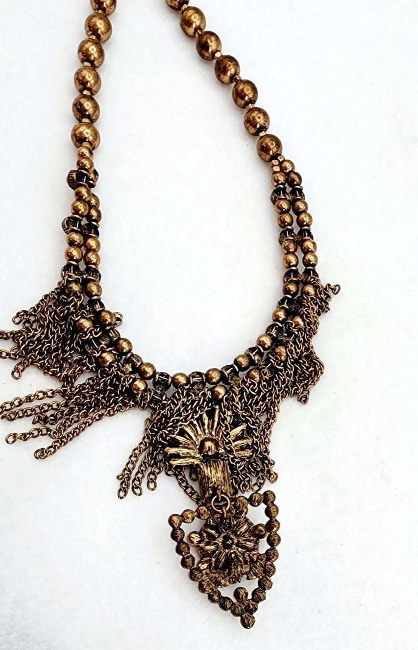Signed Beaded chain rhinestone bib statement necklace 18″