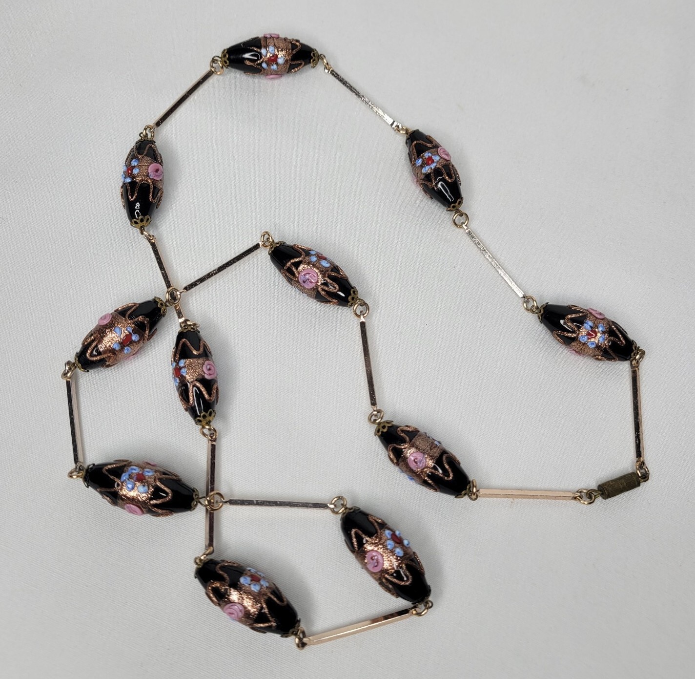 Vintage Venetian Glass Beaded Necklace Black Pink Blue Lampwork Beads Gold Tone