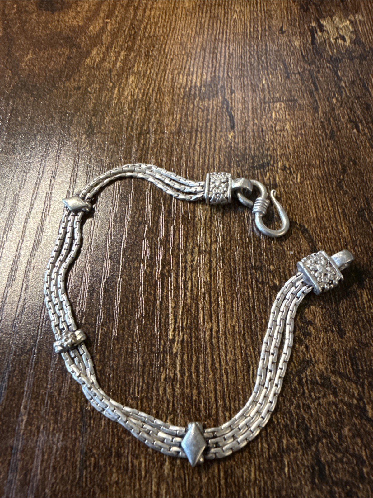 Vintage Bracelet 3 Strands Chain Sterling Silver 925 Ends With floral engravings