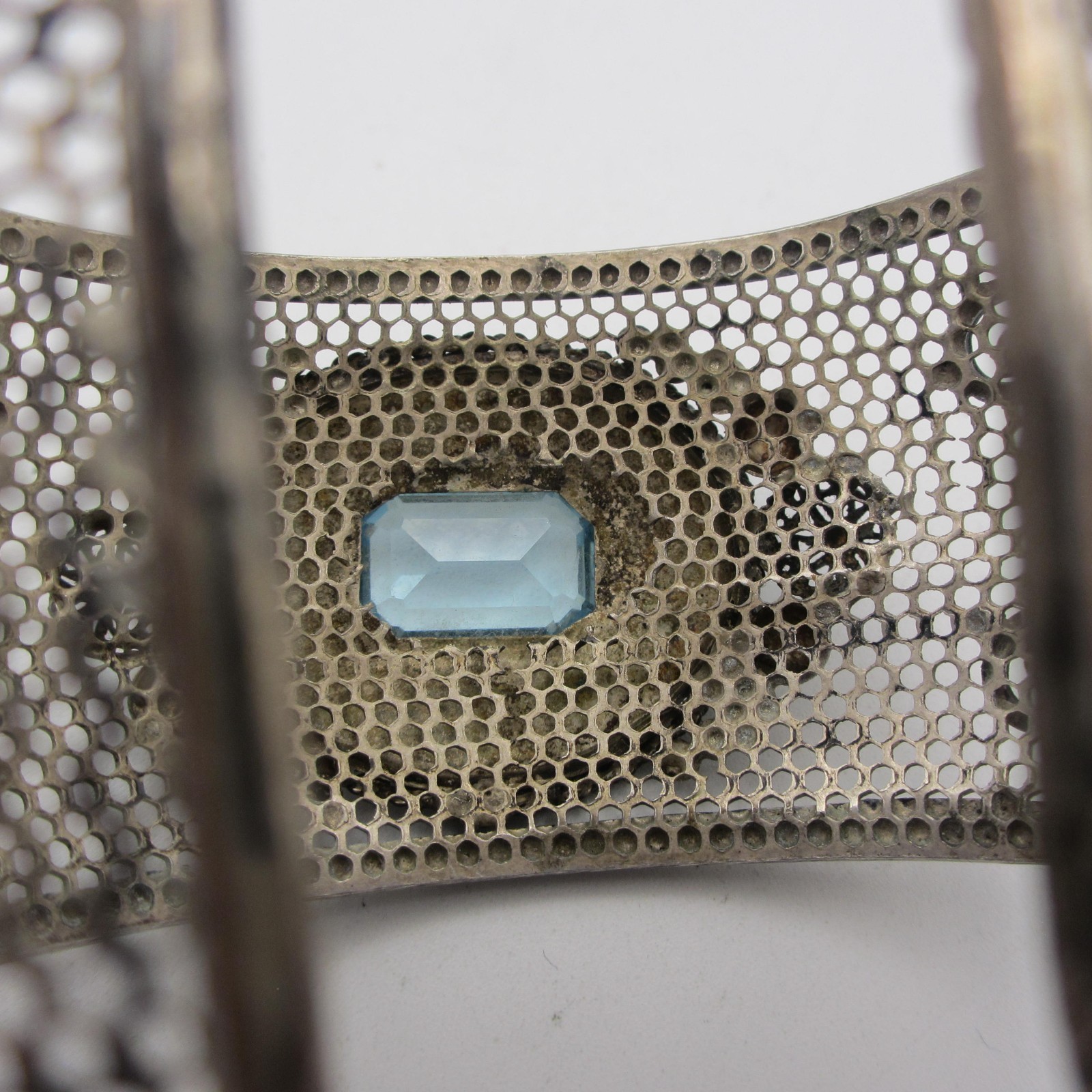 Vtg Silver Mesh Cuff Bracelet Renaissance Revival Artisan Filigree Blue Glass