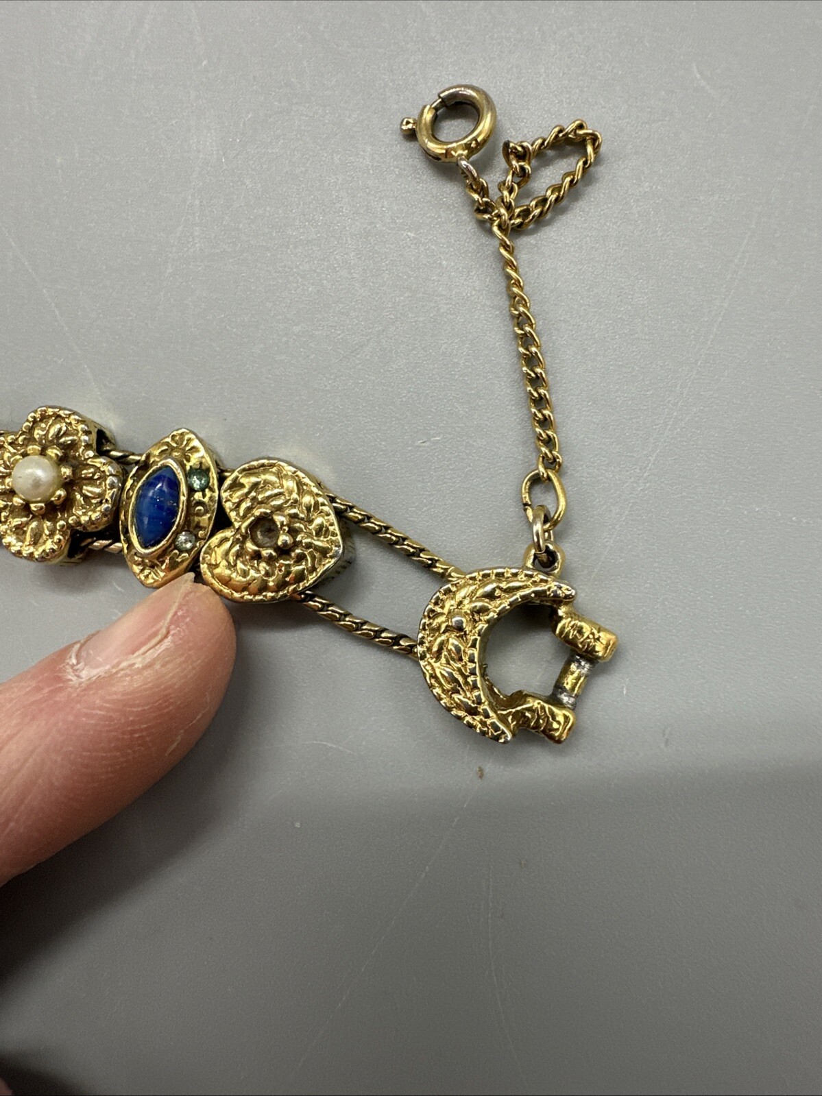 Vintage Signed Goldette NY Multiple Gemstones Safety Chain Slide Charm Bracelet