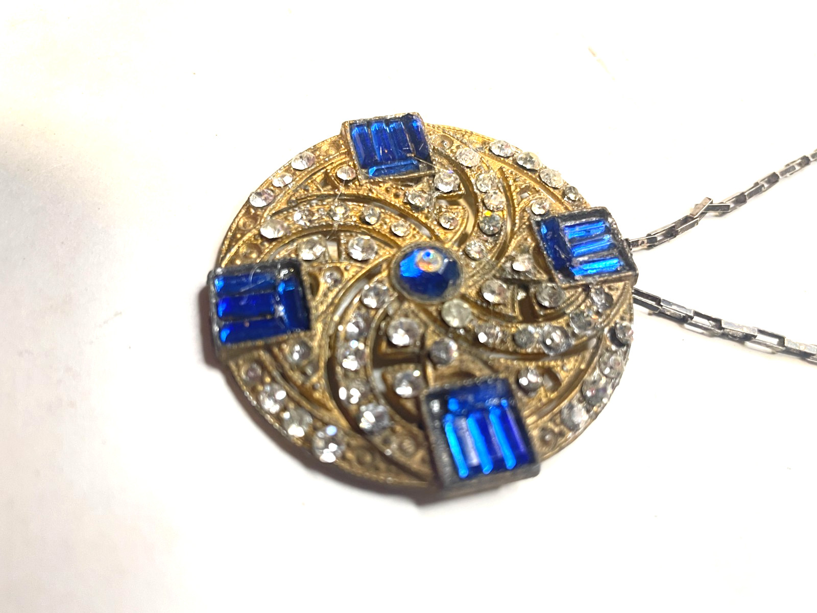 925 Sterling Silver Antique Art Deco Blue & White Rhinestone Necklace 14″