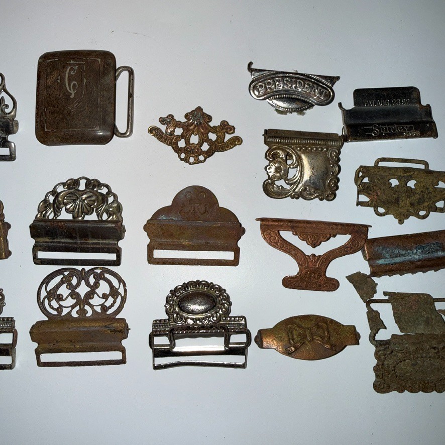19pc Antique Victorian Gents Suspender Buckle Lot Brass Nickel Filigree 1892 Pat