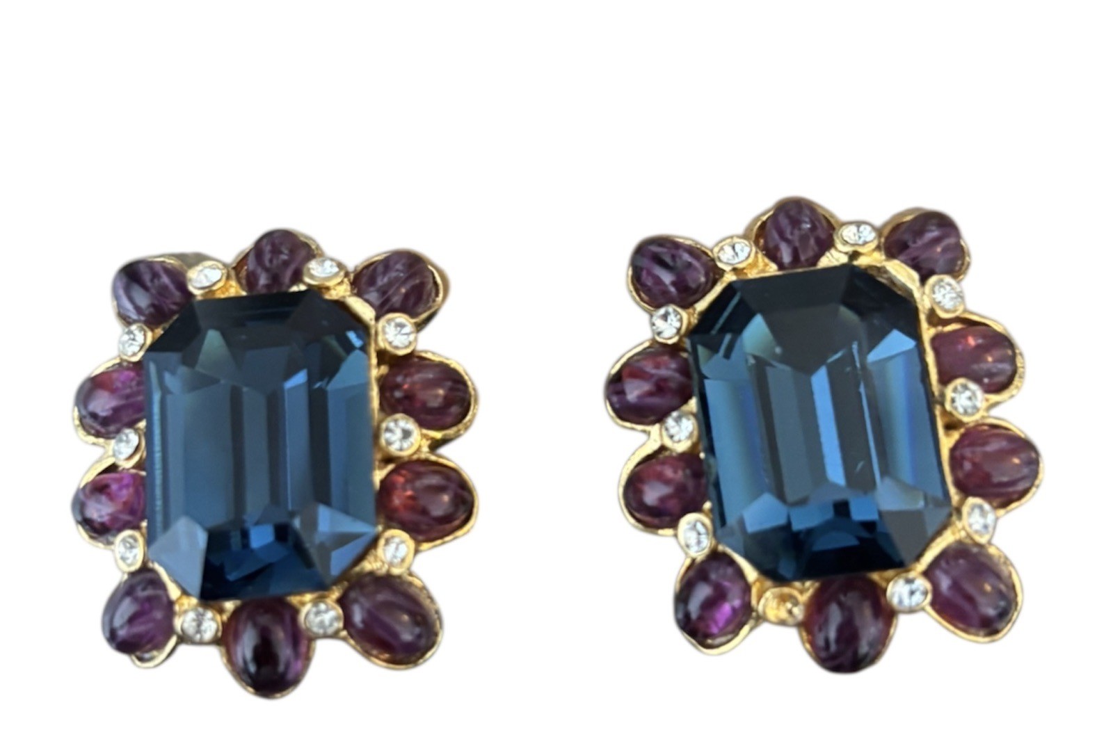 Vintage Kenneth Jay Lane Sapphire Blue Rhinestone Amethyst Cabochon Clip On