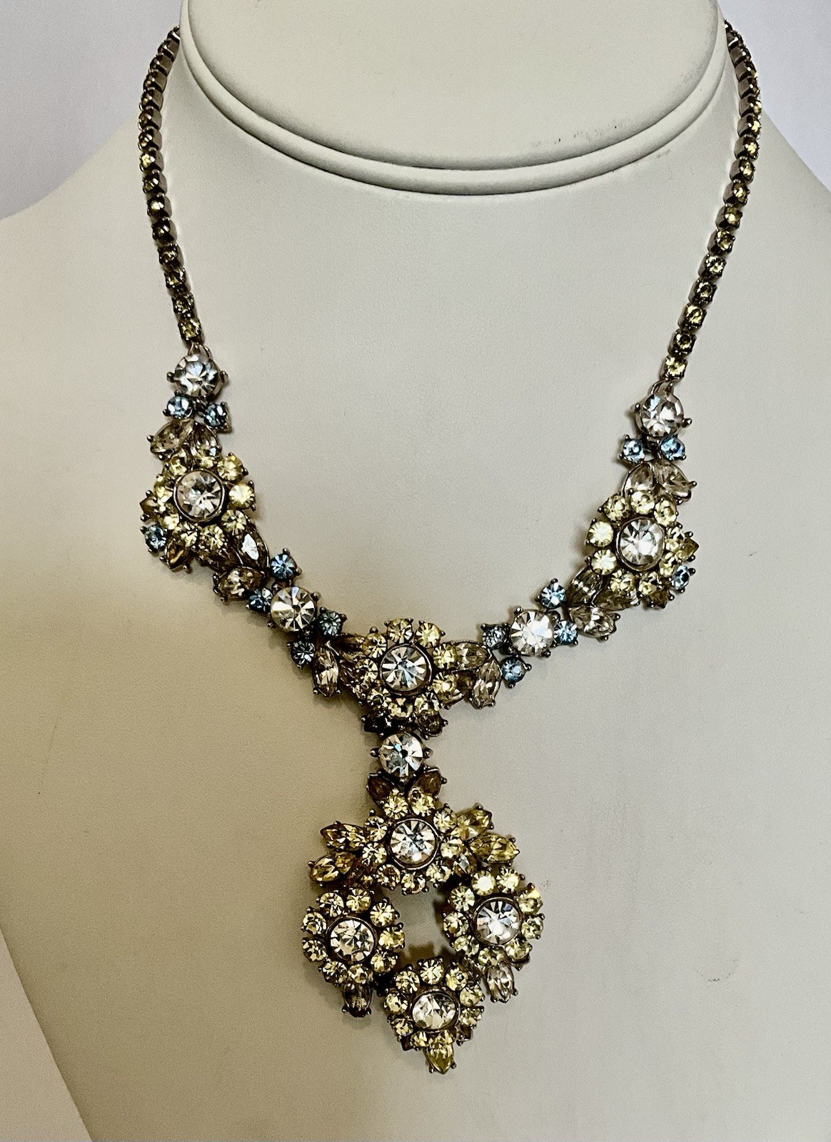 Vintage Signed Trifari Necklace Yellow Blue Clear Gray Rhinestones Flower Drop
