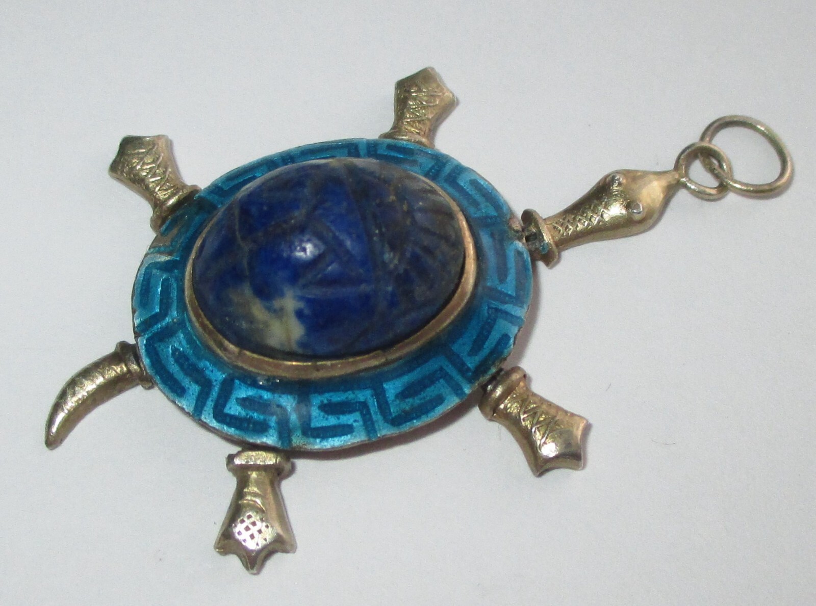 VINTAGE STERLING SILVER EGYPTIAN REVIVAL CARVED LAPIS SCARAB ARTICULATED TURTLE