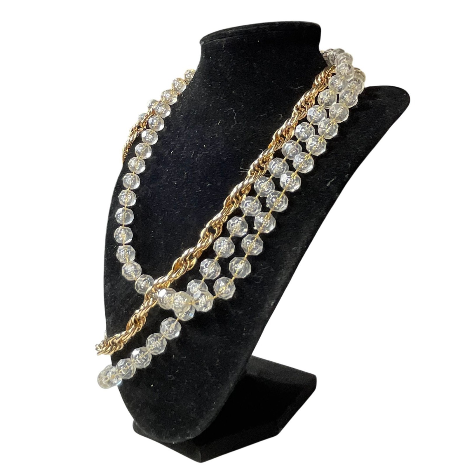 Sarah Coventry Golden Ice 3 strand necklace Lucite beads and gold tone rope chai