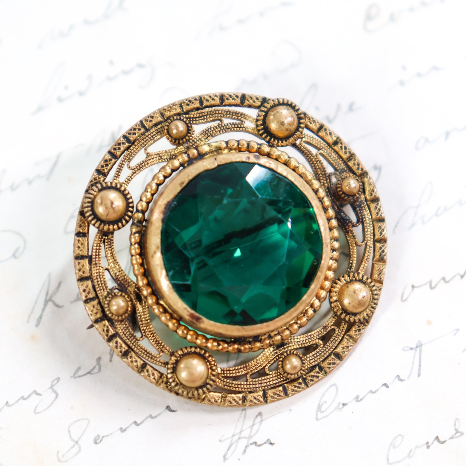 Antique Bohemian Czech Faceted Glass Emerald Green Brooch Pin Gorgeous Round