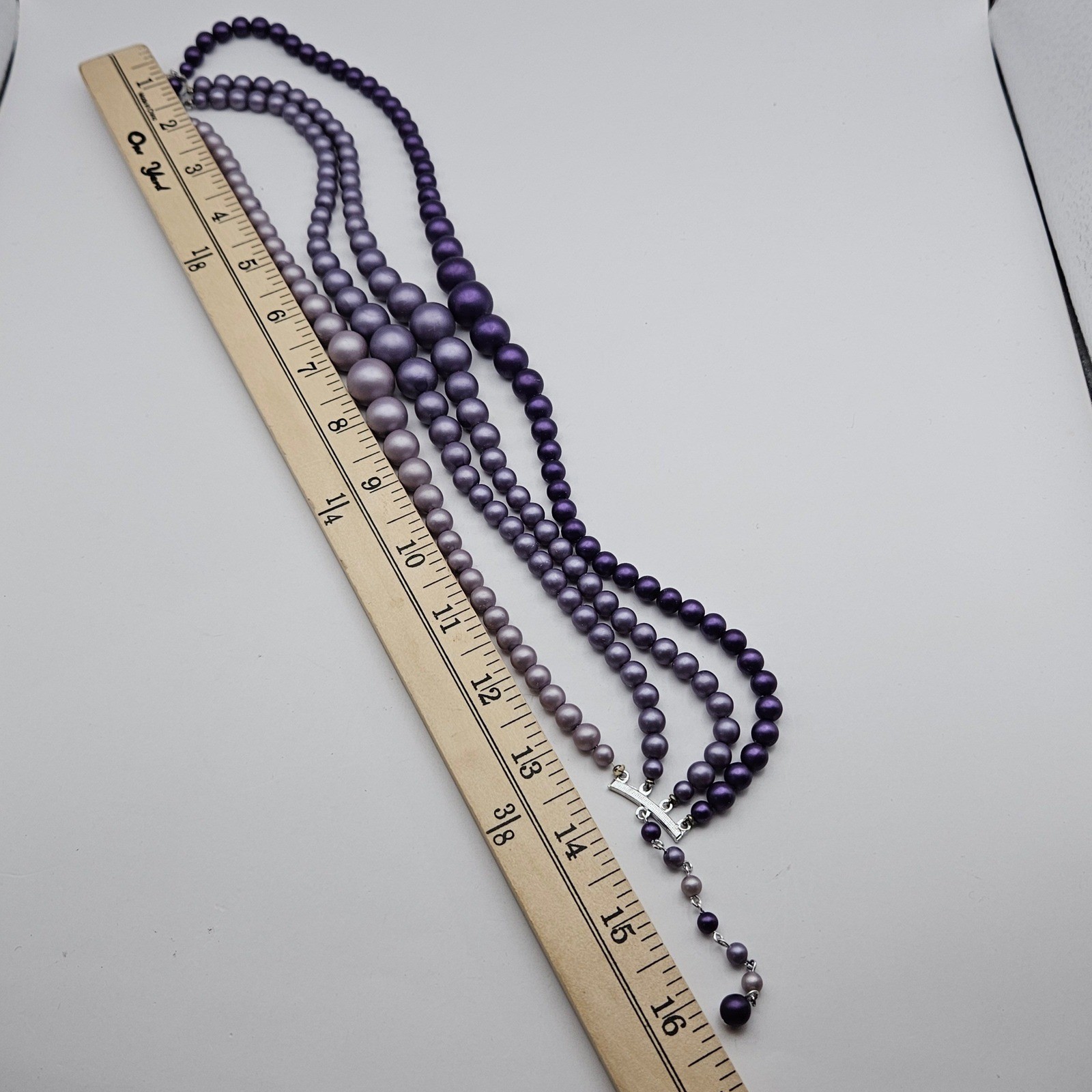 Vintage Purple Ombre Faux Pearl Bead 4 Strand Bib Necklace Graduated Lavender