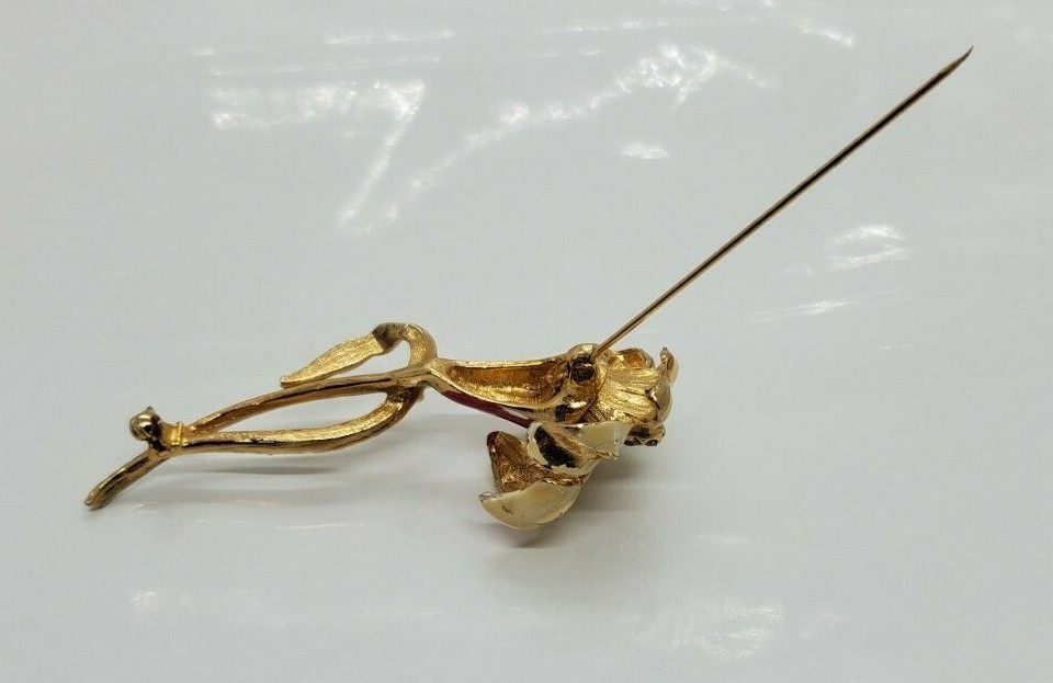 Long Stem Flower Brooch Pin Enamel Rhinestone Yellow 3″ Long x 1.5″ Wide