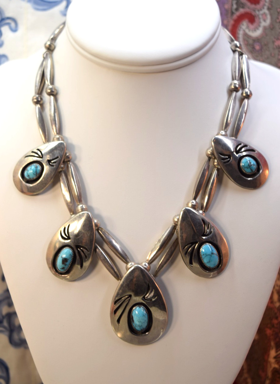 Vintage Sterling Turquoise Cabochon Necklace Elongated Beads 17″