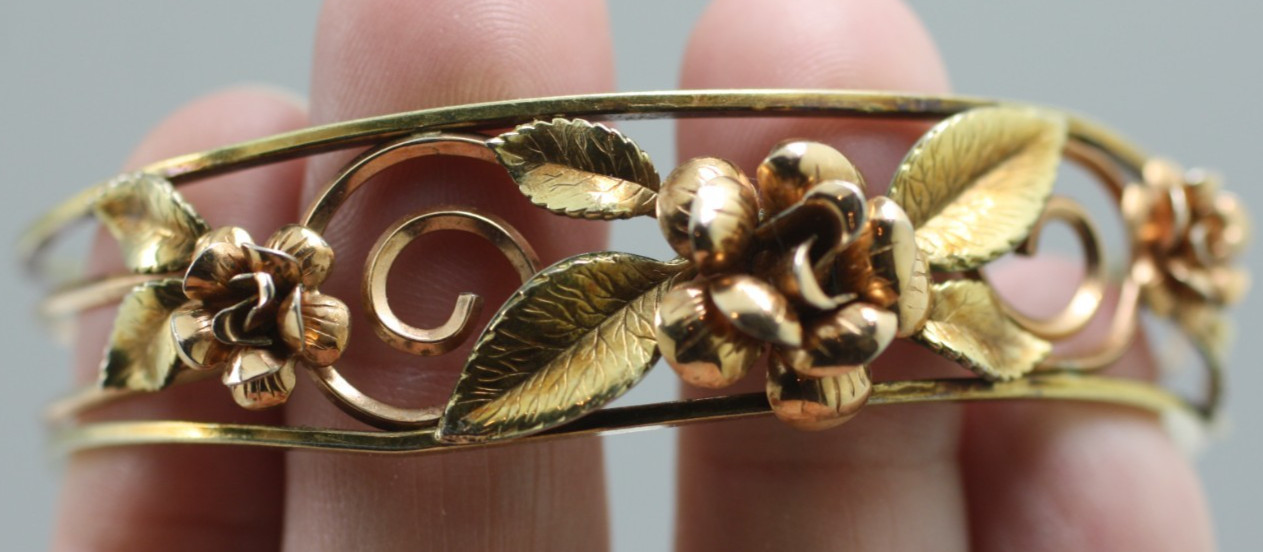 Vintage roses & yellow gold tone/ plate leafy filigree cuff bangle bracelet