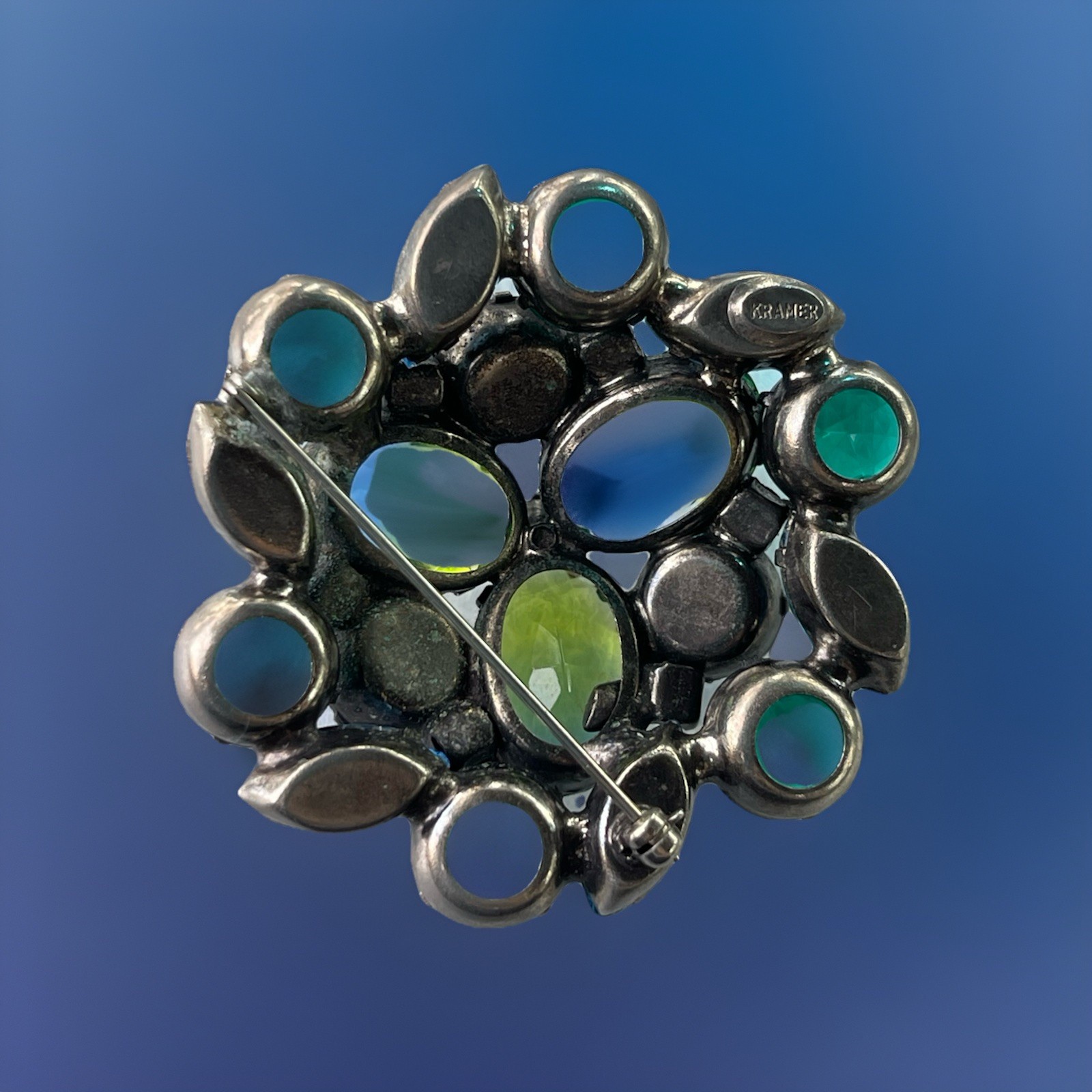 Vintage Kramer NY Sapphire Blue Emerald Green Watermelon Dome Rhinestone Pin