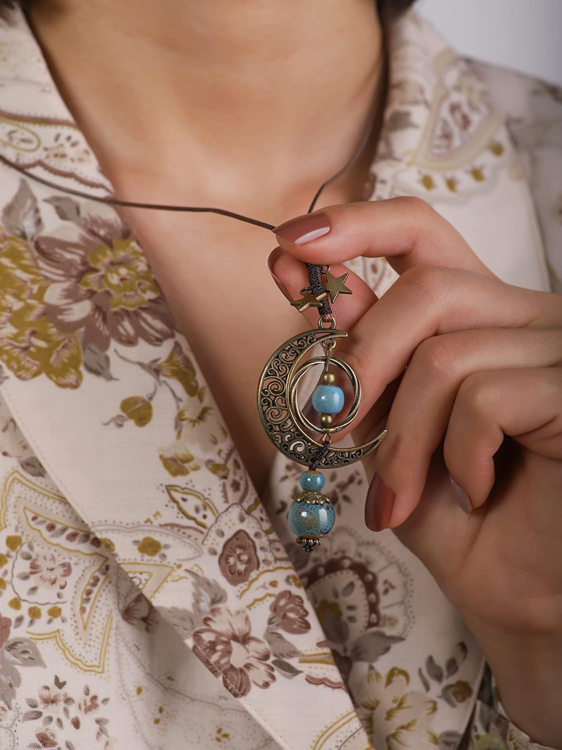 Bohemian Hippie Ceramic Beads Crescent Moon Lariat Necklace