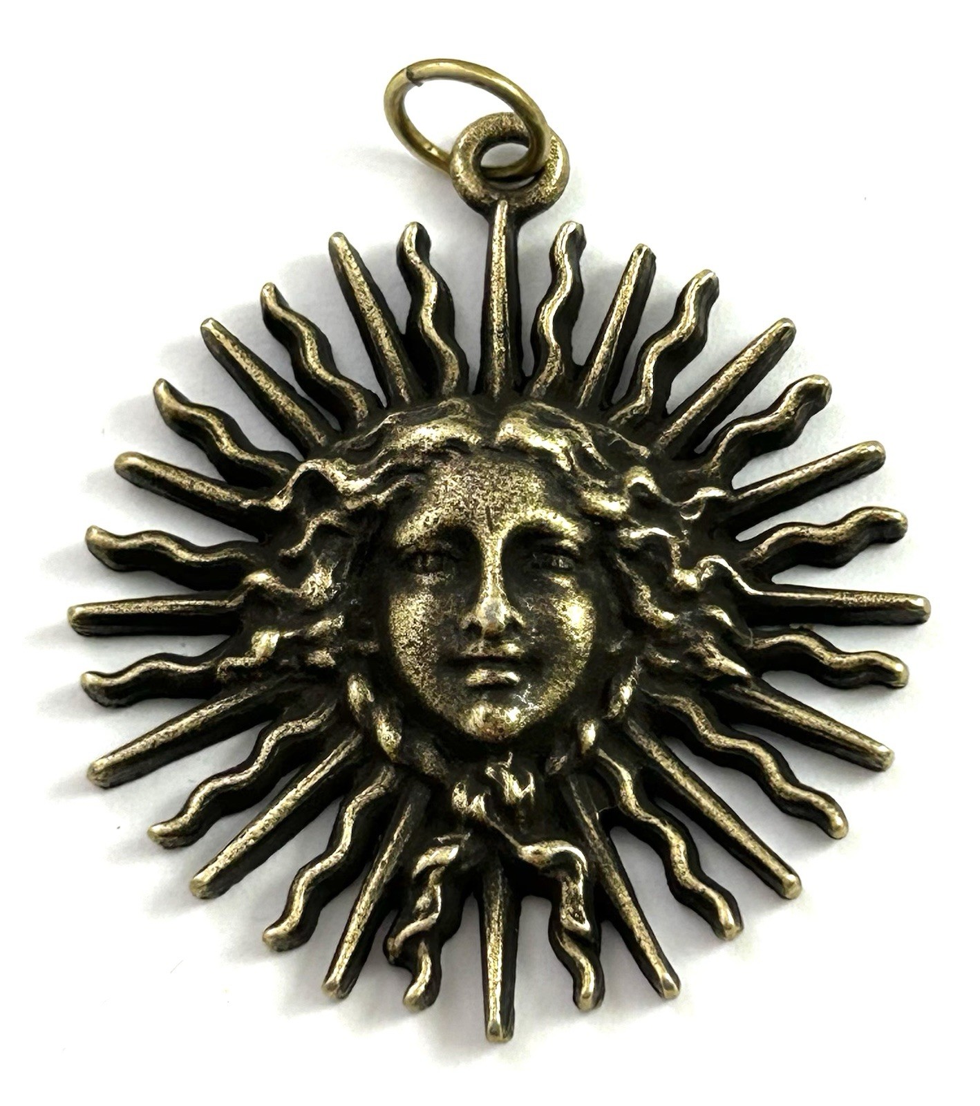Vintage Pendant Sun Goddess Large Charm Antiqued Brass Metal Jewelry