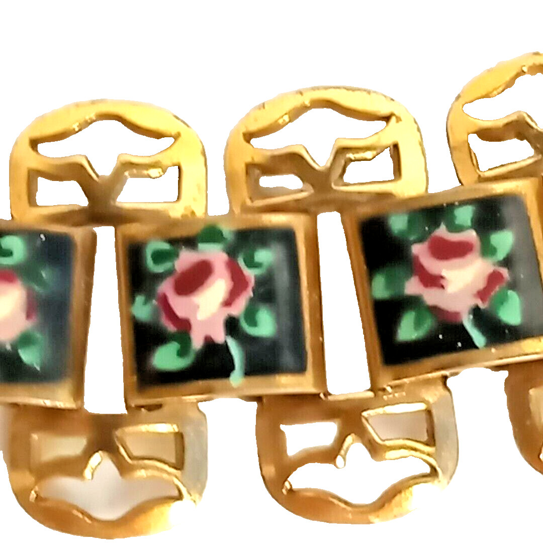 Vtg Gold Tone & Enamel Panel Necklace Choker Hand Painted Roses 15″ Unsigned EUC