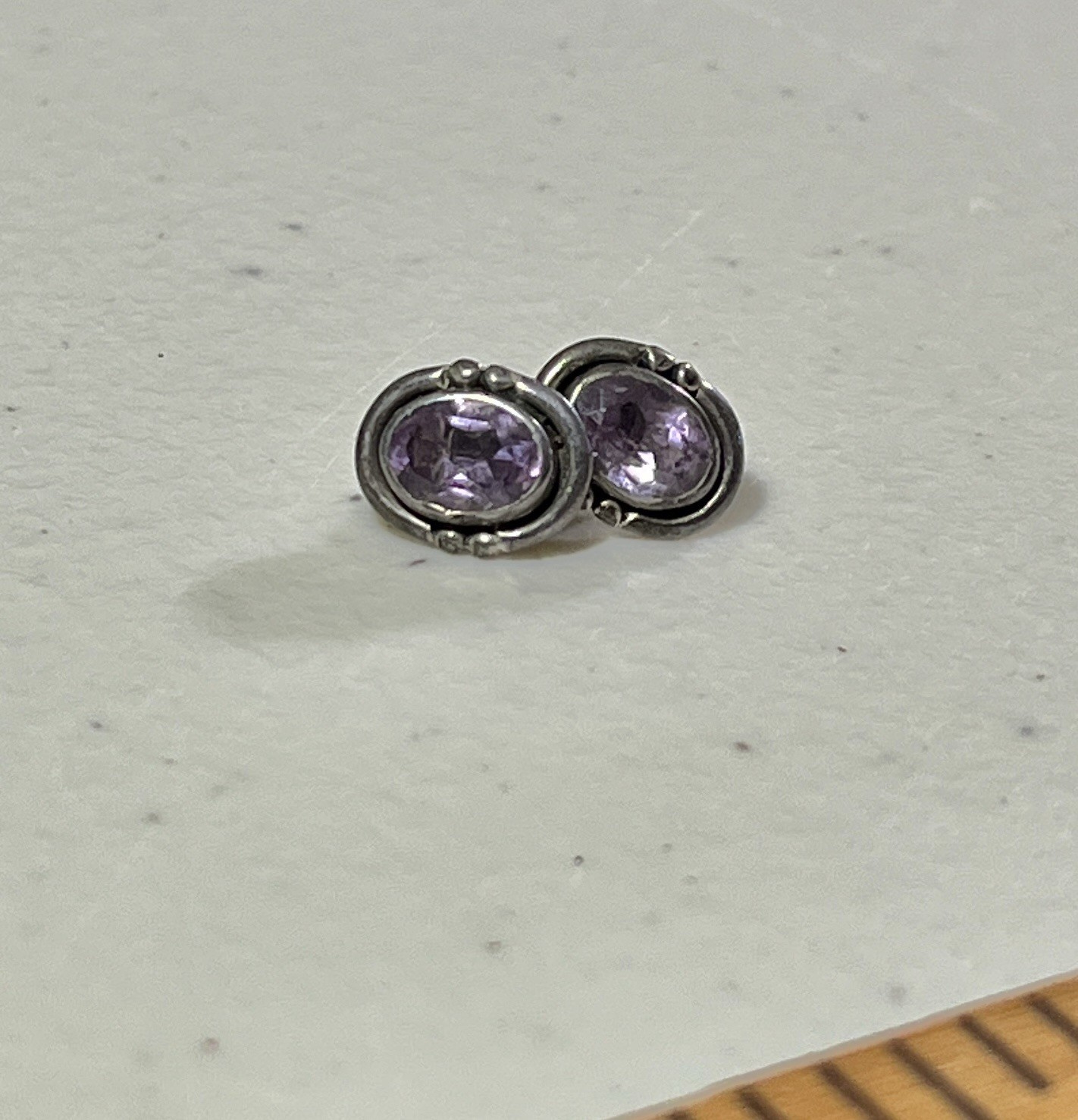 Vintage 925 Oval Sterling Silver Purple Amethyst Stud Earrings Bezel Set