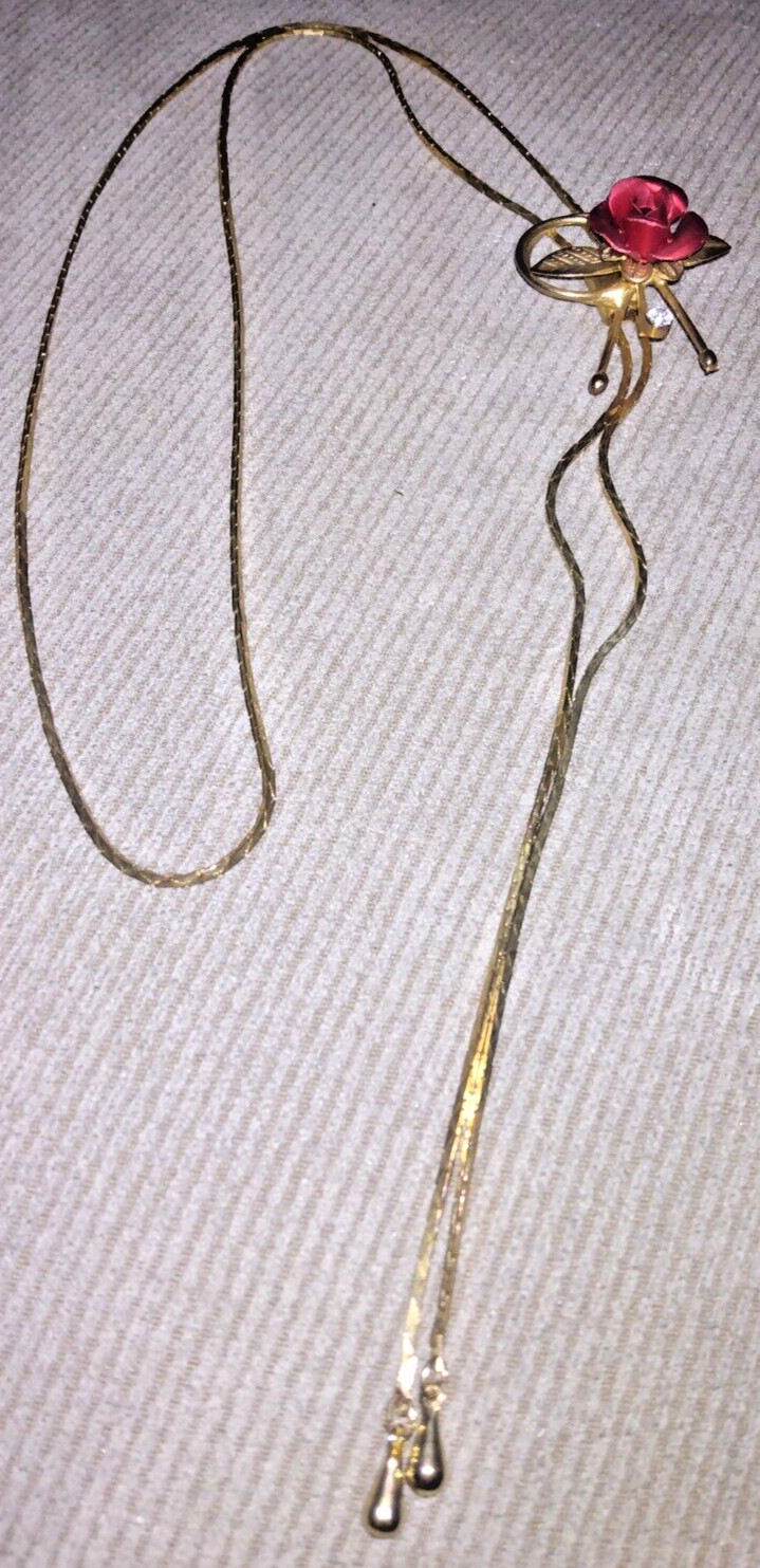 VINTAGE GOLD TONE? FILLED?PLATED? LARIAT NECKLACE RED ROSE SLIDE 60s ORIG ESTATE