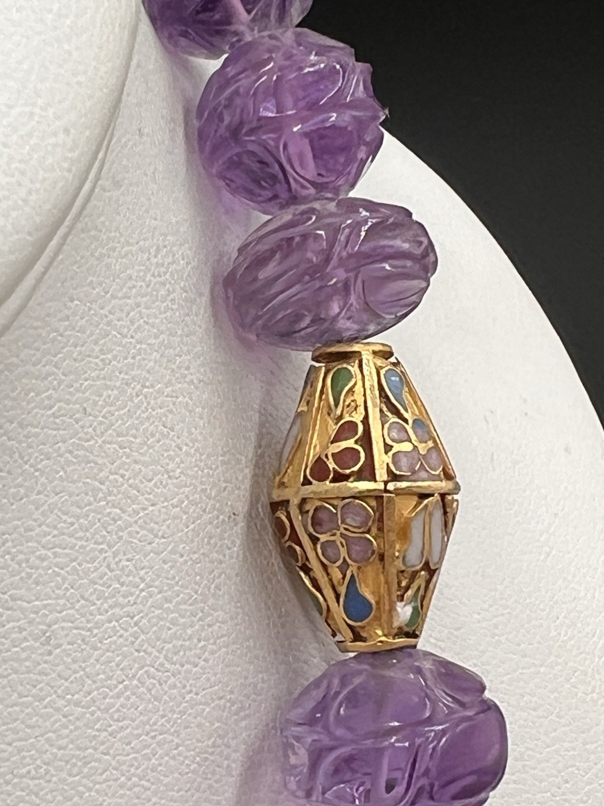 Vtg Chinese Carved Amethyst Bead & Gold Cloisonne Necklace, 168 grams, 30″ Long