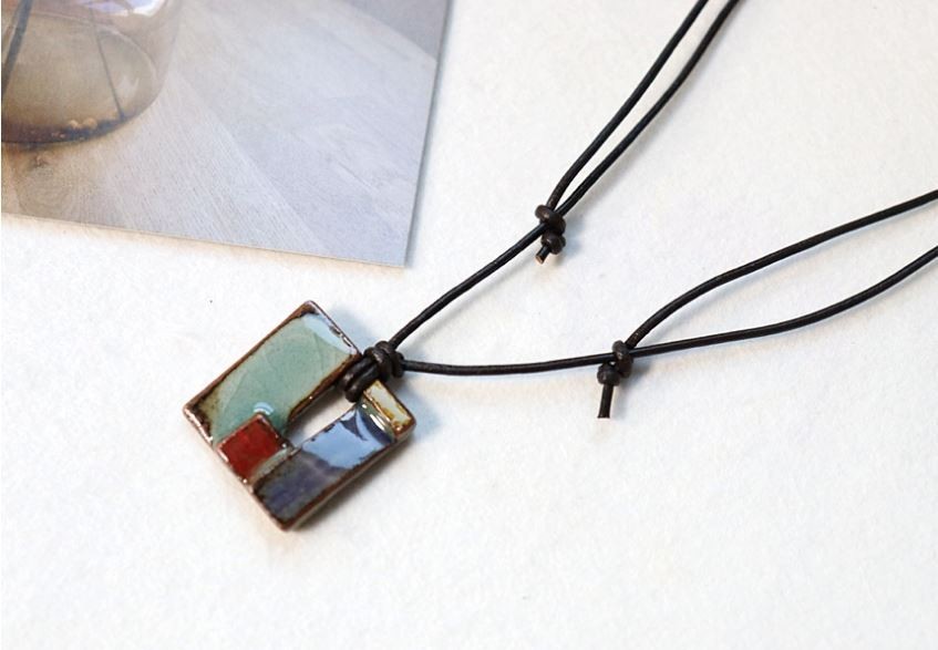 Korean Celadon Patchwork Square Necklace Handmade Ceramic Pendant
