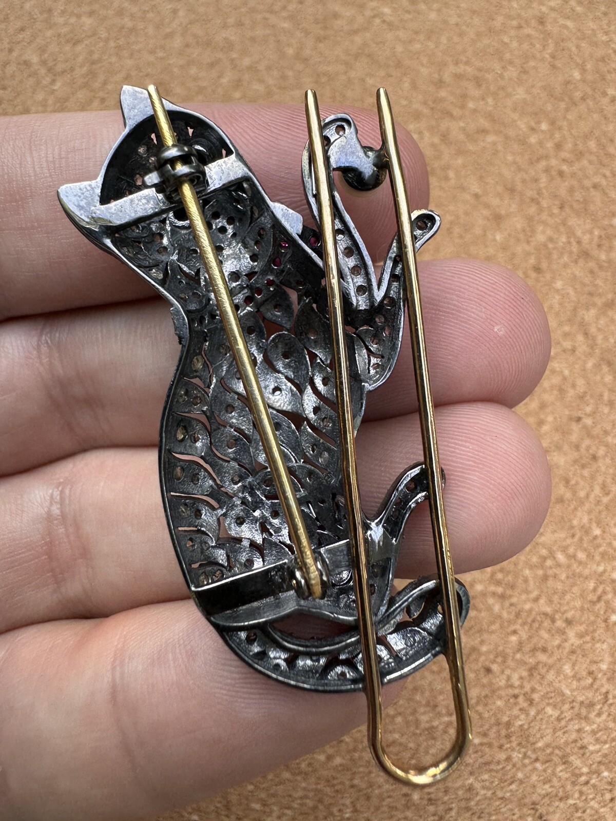 Stunning Rose Cut Diamond Gemstone Silver Victorian Cat Brooch Jewelry