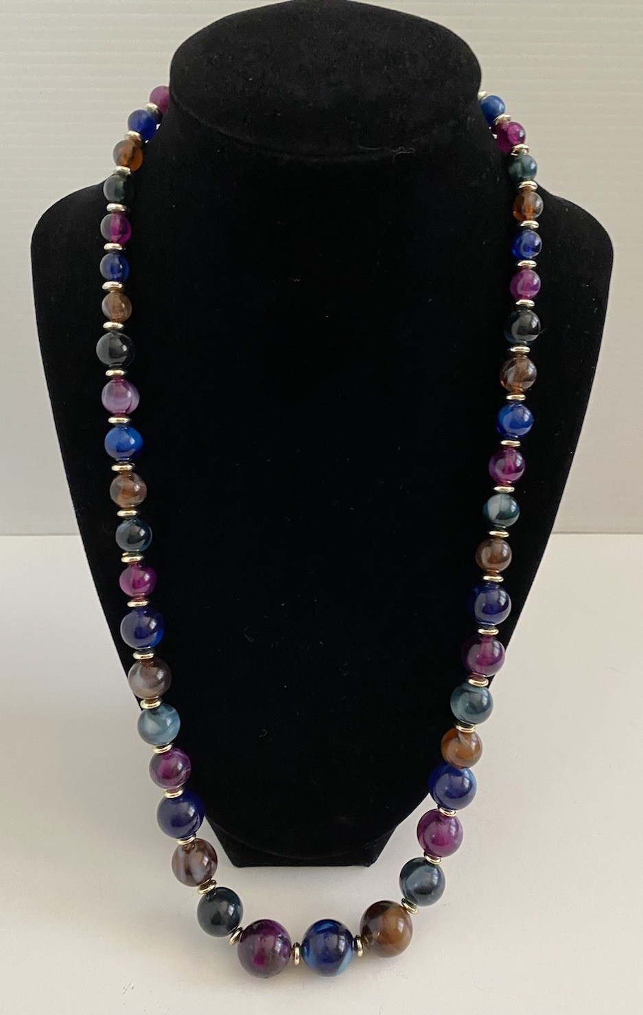 VTG Lucite Acrylic Beaded Graduated Necklace In Blue Brown Gold Tone Purple 24”