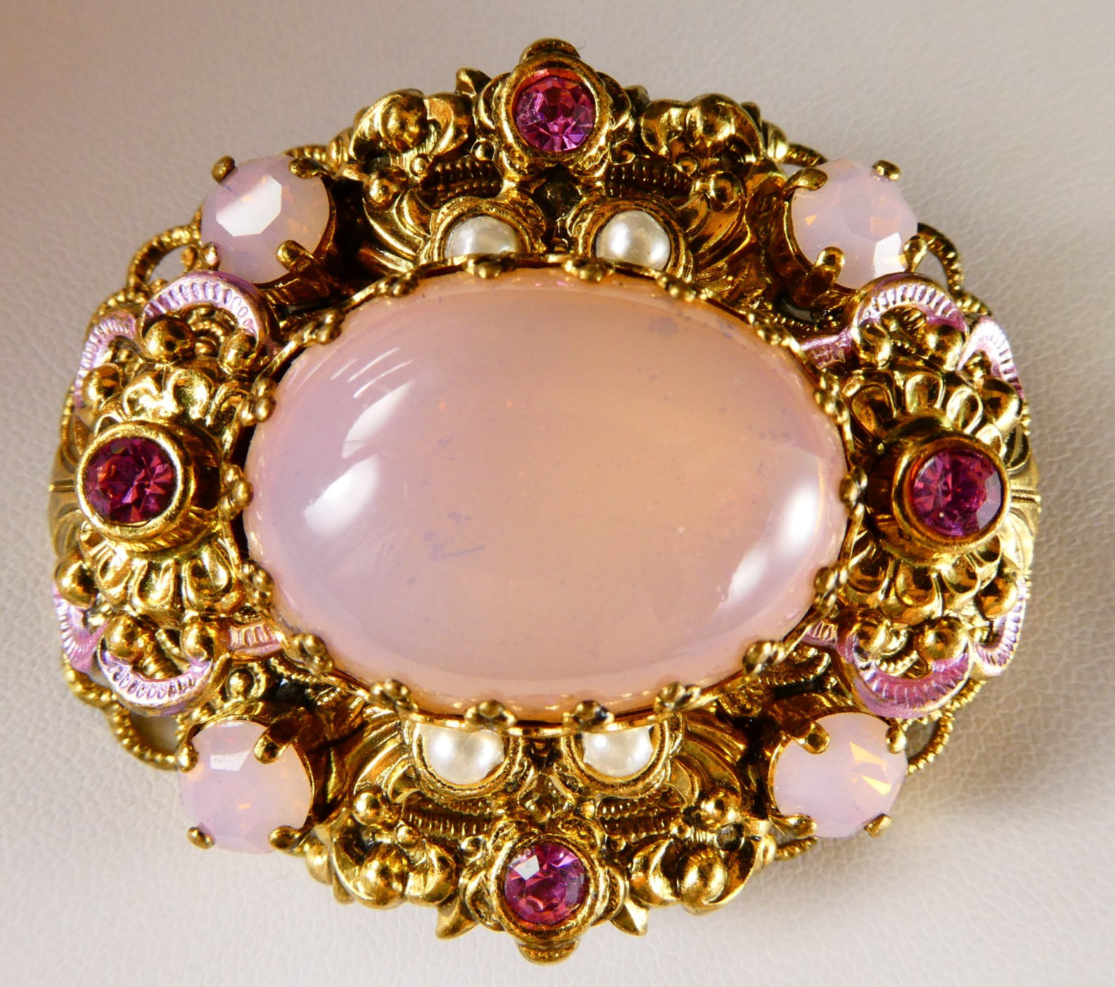 Vintage West Germany Opaline Pink Glass & Rhinestone Filigree Pin Brooch Oval