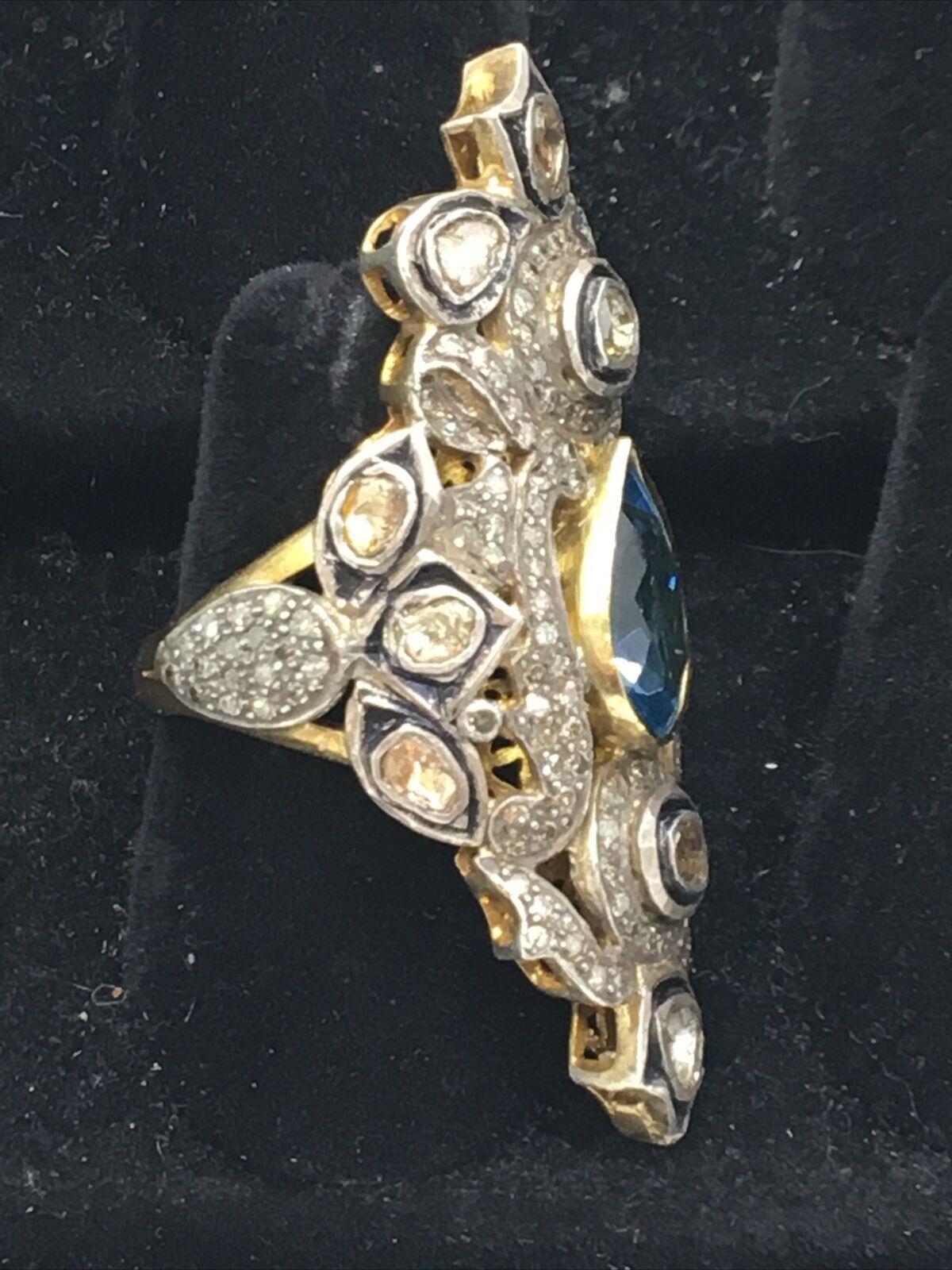 Vintage 14K Two Tone Gold 2.75TCW Diamonds & 3.40CTW Blue Topaz Ring 19.3gr.
