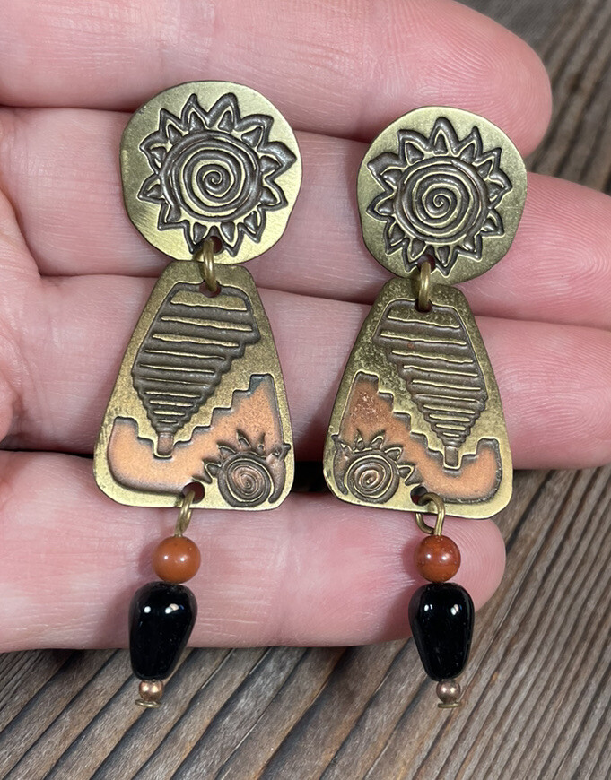 Artisan Metal Brass Stamp Pierced Earrings Sun Southwest 2.25” copper color CUTE