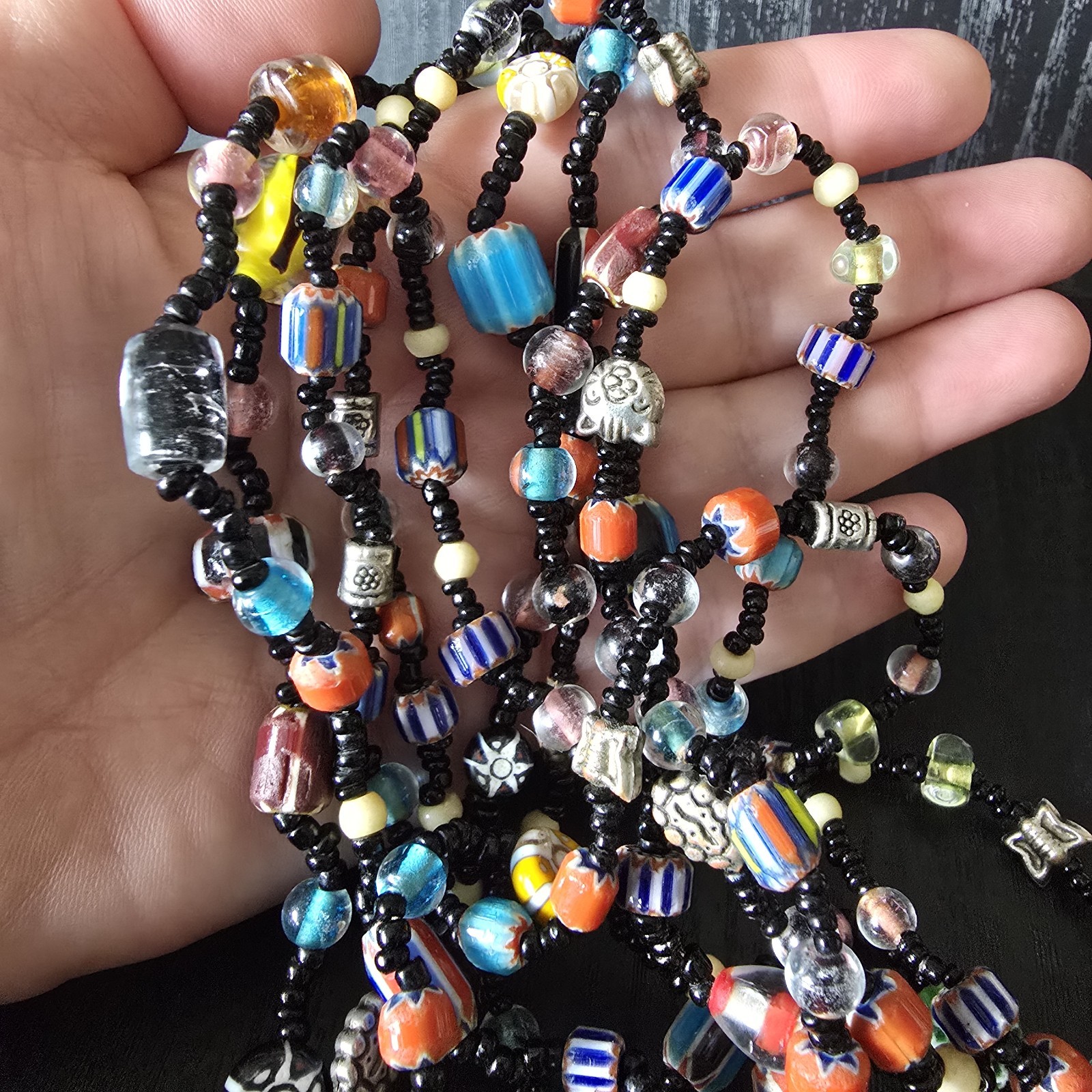 Set of 2 VTG Black Multi Colored Beaded Necklace Venetian Murano art Glass 38″