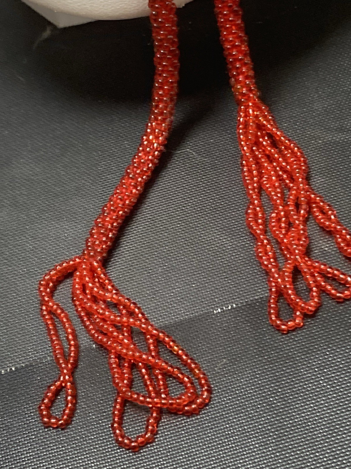 Vintage Lariat Necklace Flapper Red Beaded Tassel 45” Soft Lightweight Easy