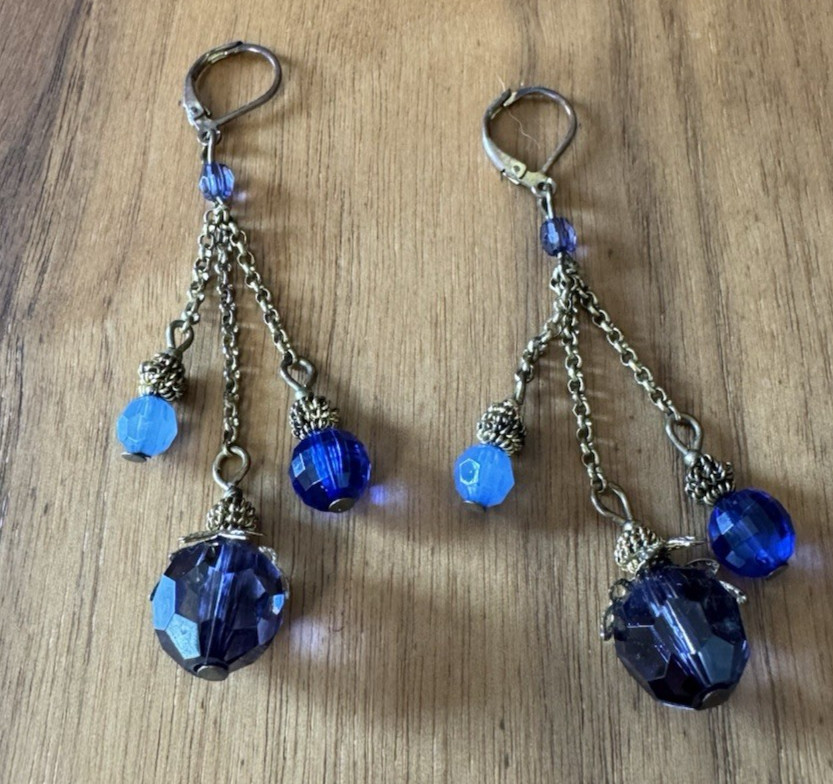 VTG MCM Lucite Earrings Faux Amethyst Sapphire ChalcedonyBrass Lever Back Boho