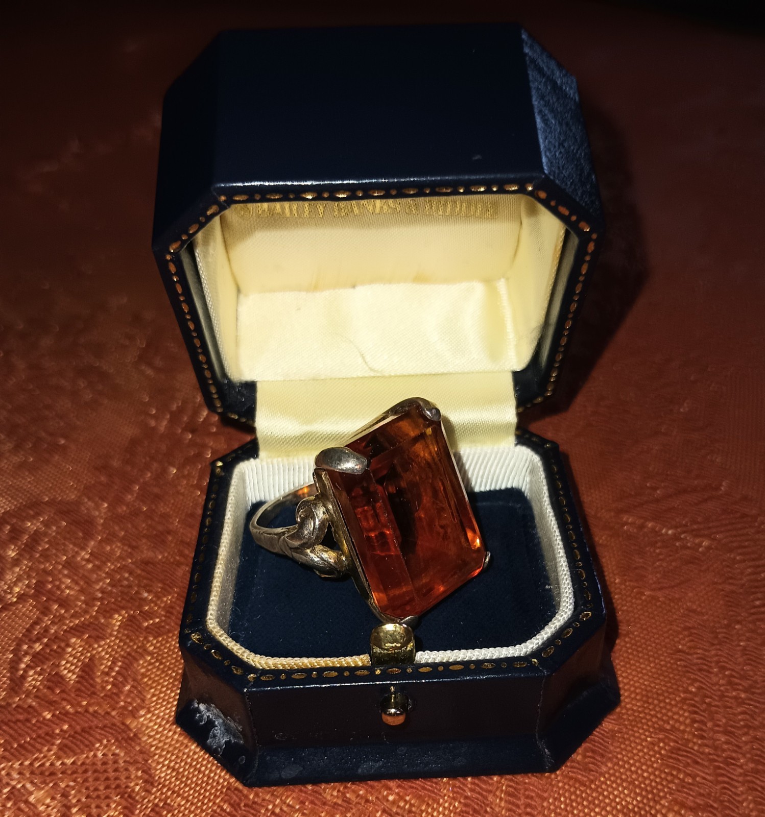 VTG Sterling Silver W/Orange Glass Setting Art Deco Style Cocktail Ring Sz 6 1/2