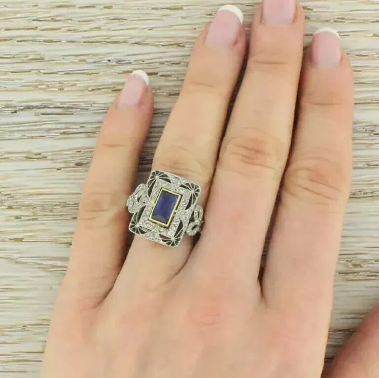 Art Deco Vintage Style Lab Created Sapphire 14K White Gold FN Engagement Ring
